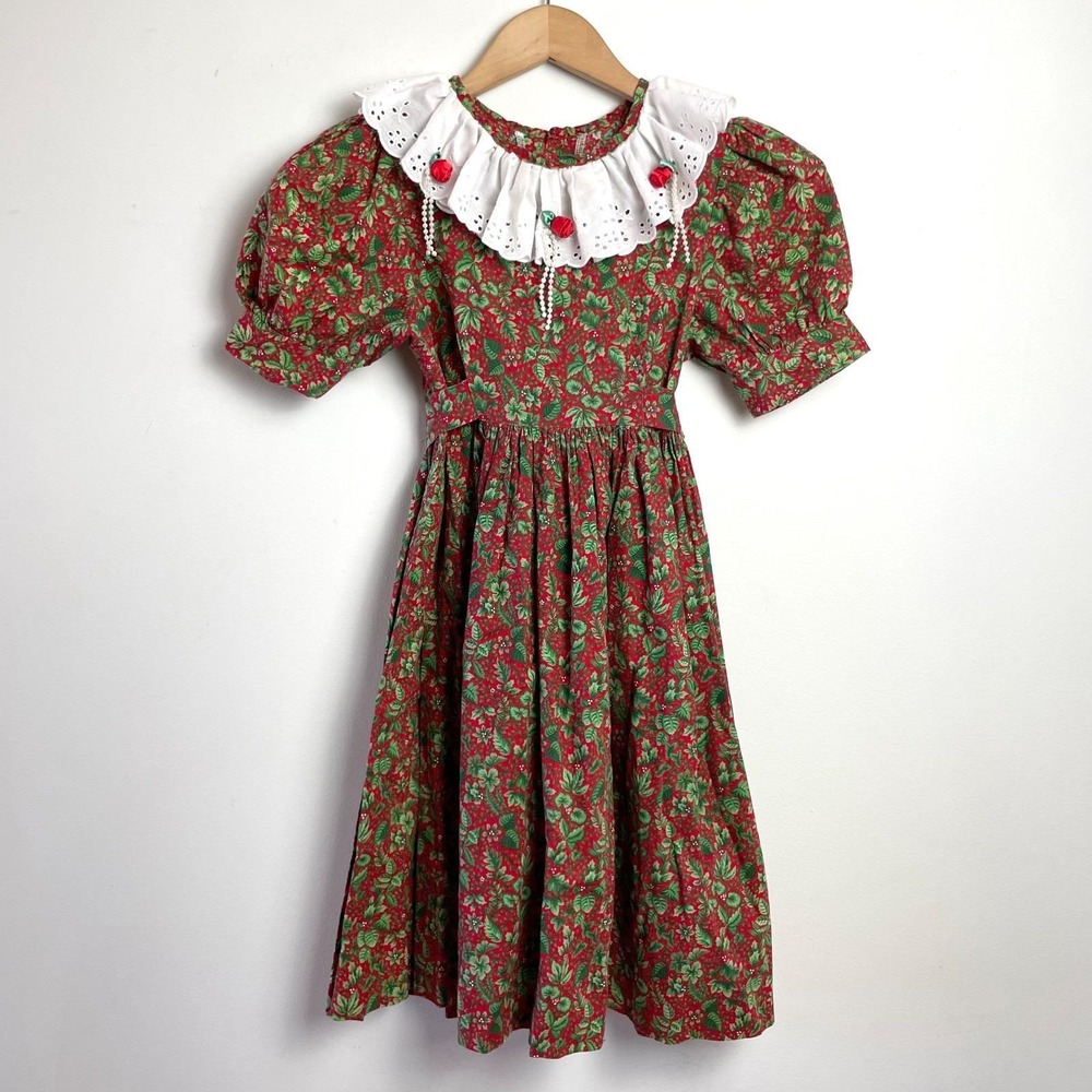 Vintage Handmade Floral Puff Sleeve Dress Girls 6 Lace Collar Christmas‎ Cottage